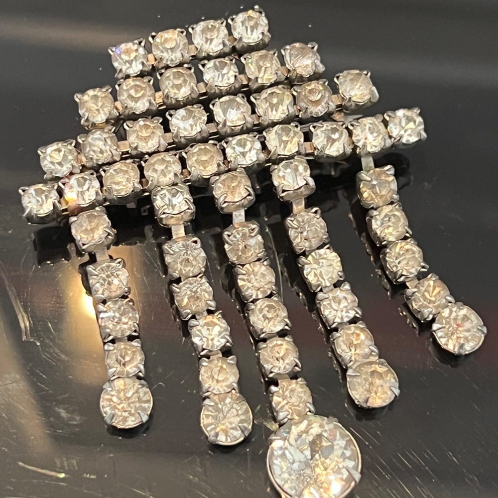Art Deco Brooch Cascade Clear Rhinestones C clasp Sparkly